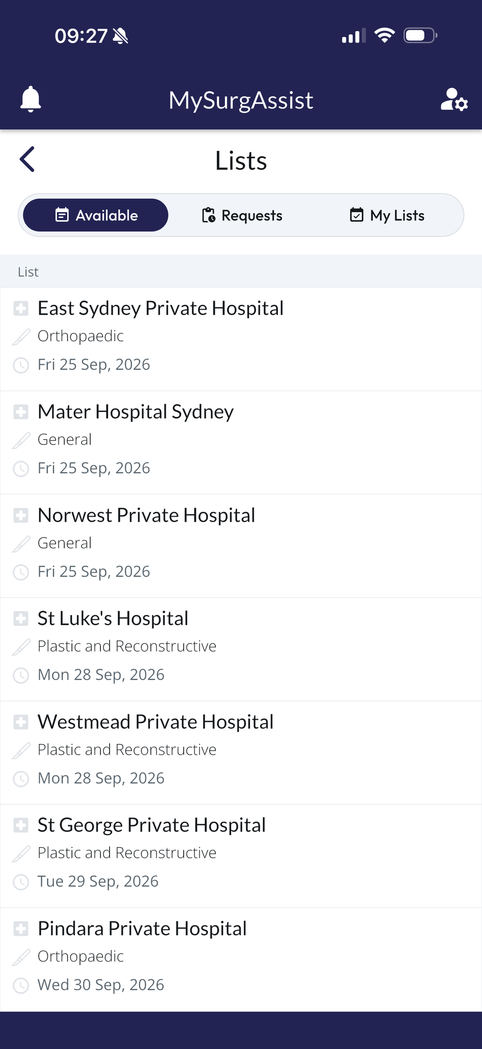 The MySurgAssist app, available lists