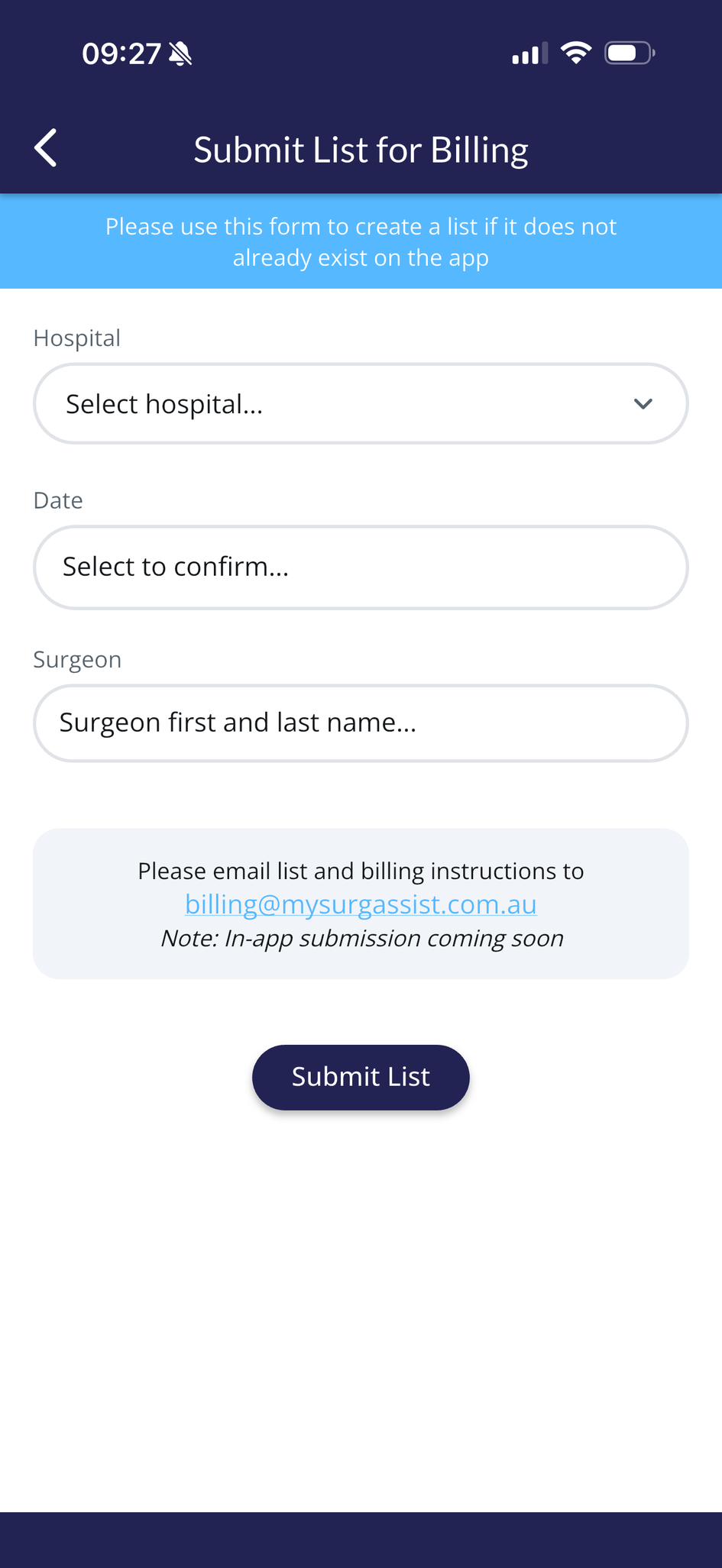 The MySurgAssist app, submitting a list for billing