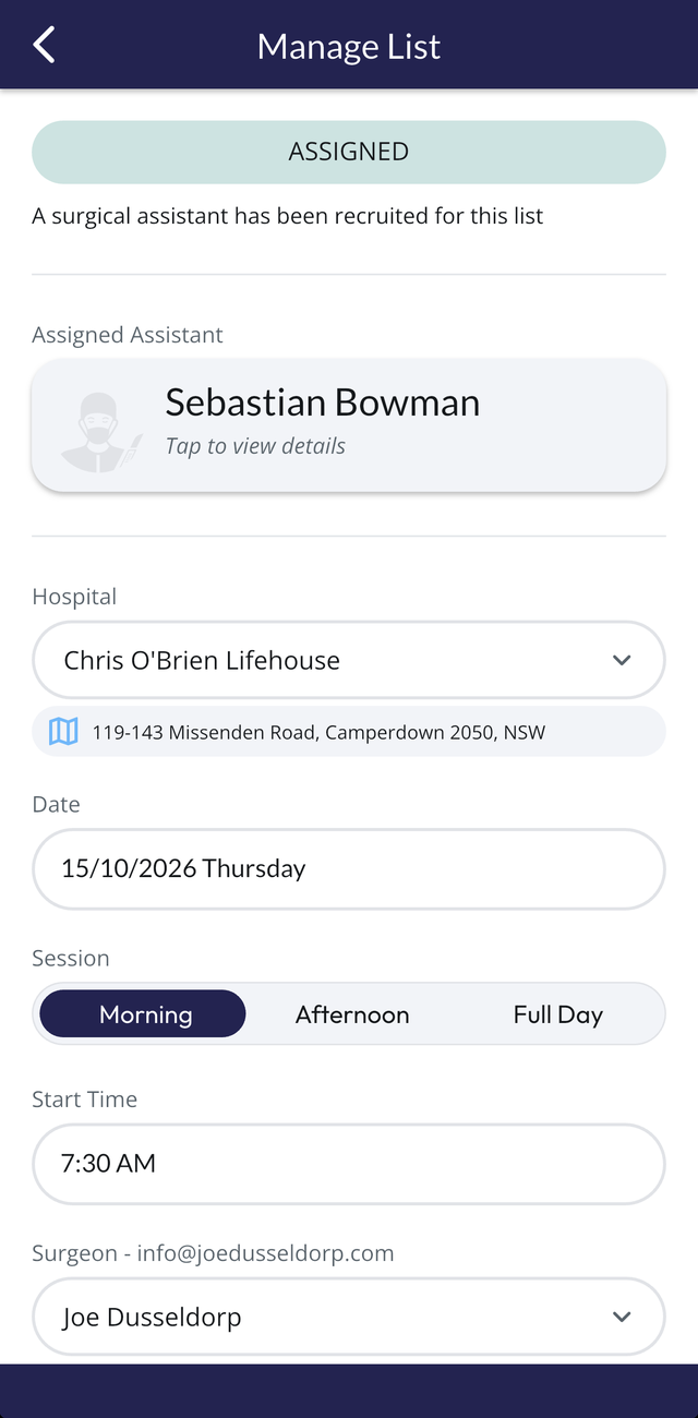 The MySurgAssist app, a list with an assistant assigned